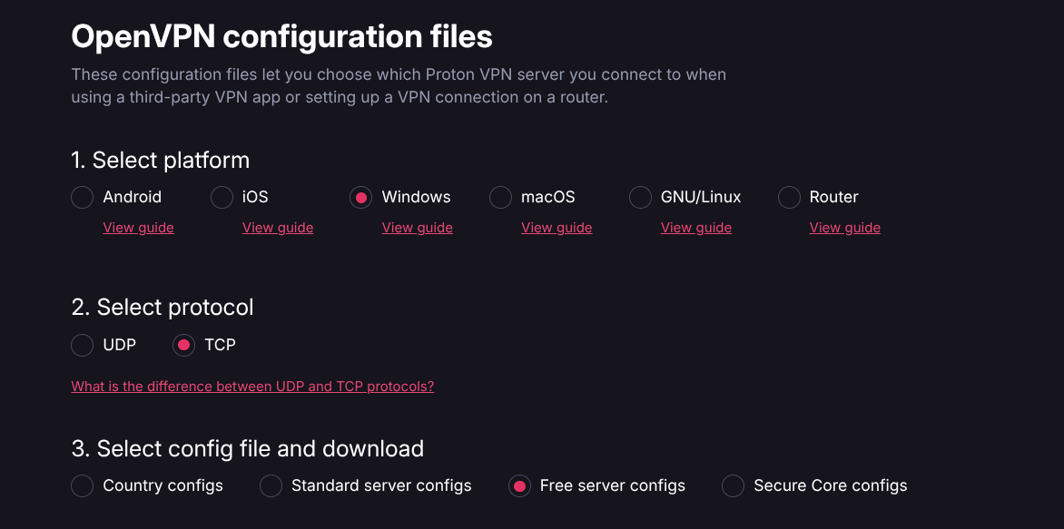 opciones dentro de proton vpn